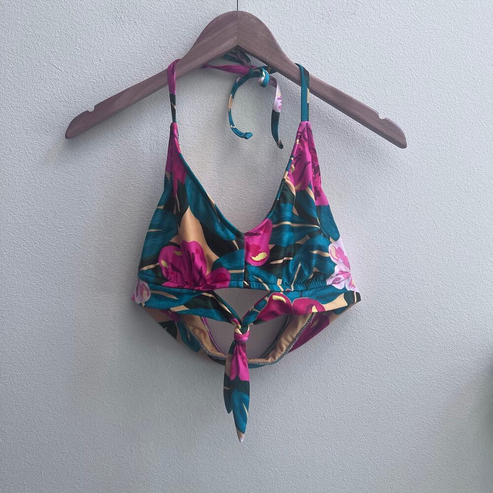 Kona Sol Women's Floral Green Tie-Front Halter Bralette Bikini‎ Top Size Large